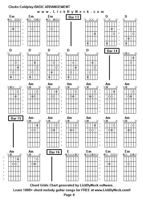 Chord Grids Chart of chord melody fingerstyle guitar song-Clocks-Coldplay-BASIC ARRANGEMENT,generated by LickByNeck software.